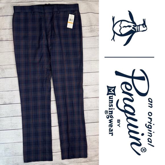 Original Penguin NWT Men's Margate Slim Fit Pants Navy Red & Gray Plaid Size 33 - Picture 1 of 9